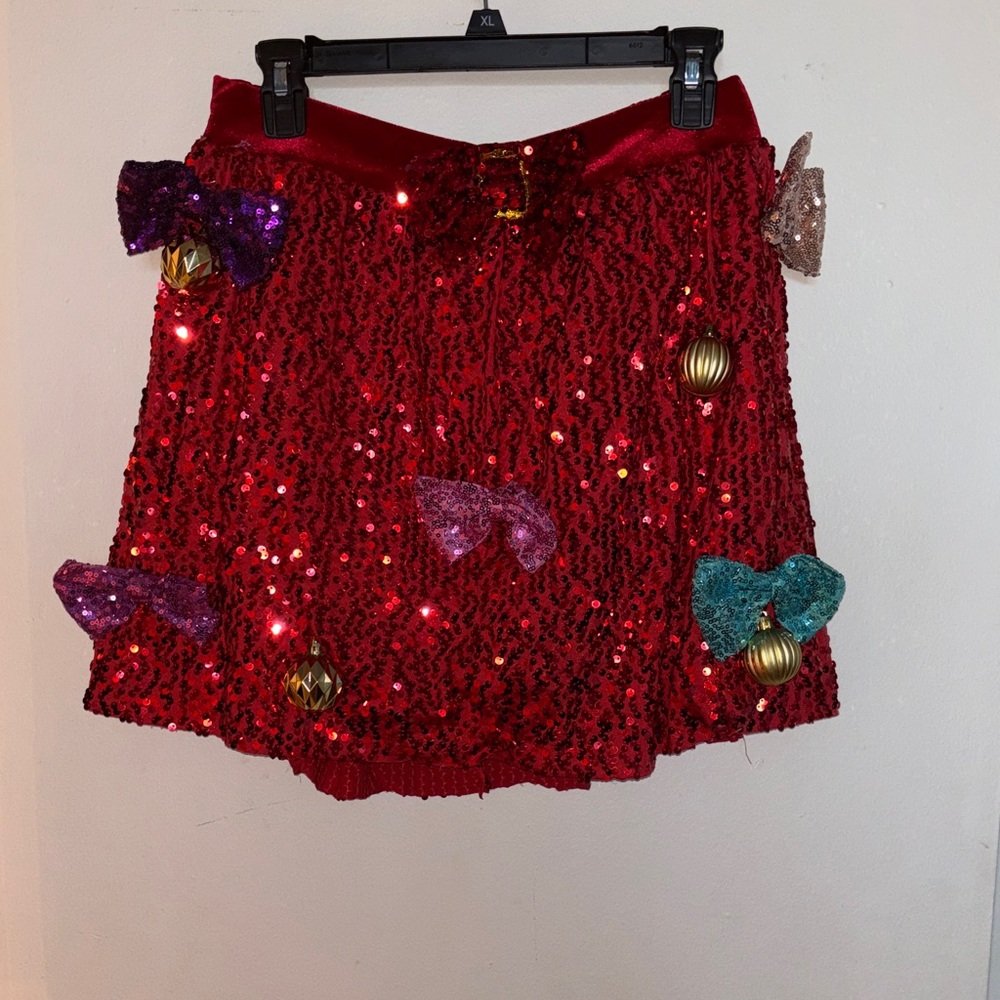 Love on a Hanger Red Sequin Mini Skirt with Bow Details